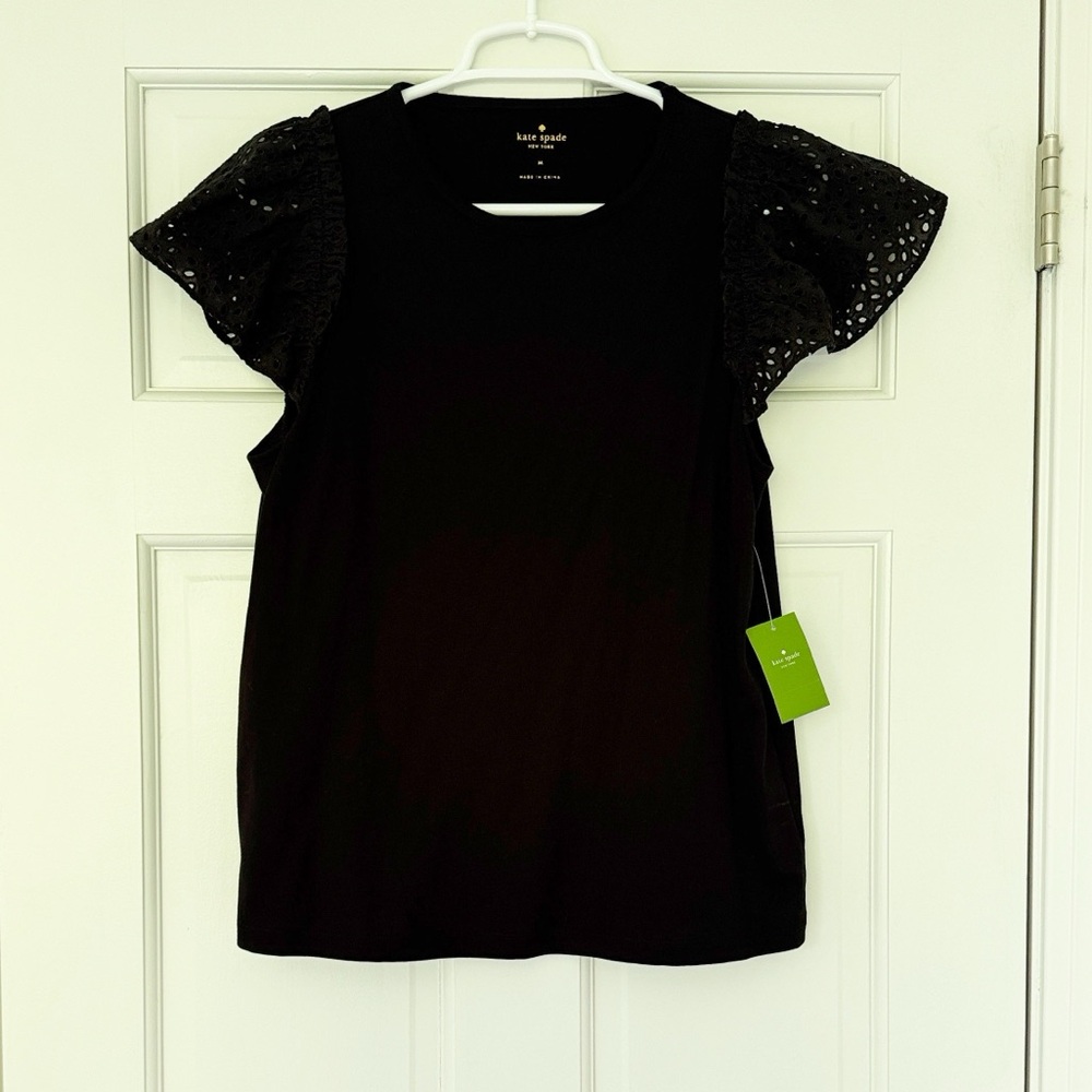 NWT KATE SPADE eyelet mixed media tee shirt size M black shortsleeve cotton